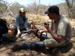 Claudia and Carlão mount a radio transmitter which lets us see from the camp when an animal has stepped in the snare.